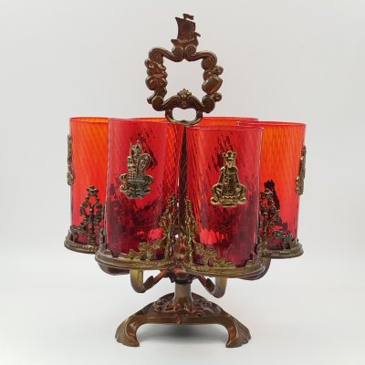 купить Набор стаканов на подставке "Сказка о царе Салтане" ("Сказки А.С. Пушкина") на 6 персон, стекло, сплав металлов, СССР, 1970-1990 гг.