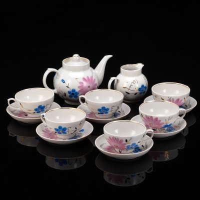 купить Сервиз чайный с цветочным декором в виде астр на 6 персон (14 предметов), фарфор, роспись, золочение, Дулевский фарфоровый завод (Дулёво), СССР, 1968-1991 гг.