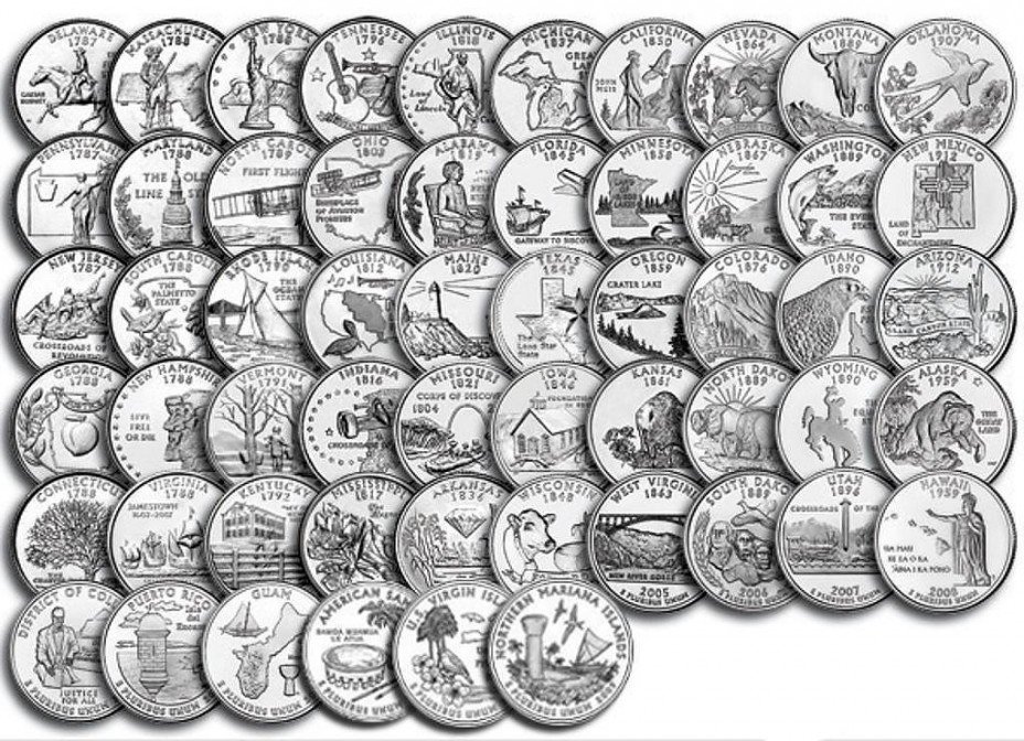 купить Полный набор квотеров (25 центов) США серии "Штаты и территории" 1999-2009гг (56 монет)