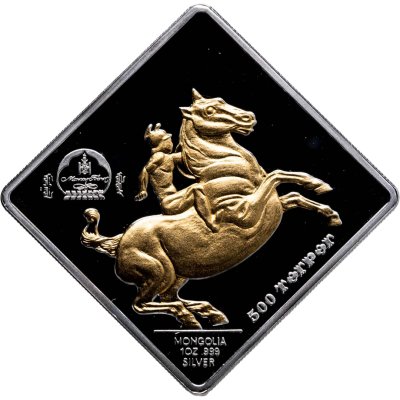 купить Монголия 500 тугриков 2005 Proof "Конная Статуя Леонардо да Винчи - Наездник" с позолотой