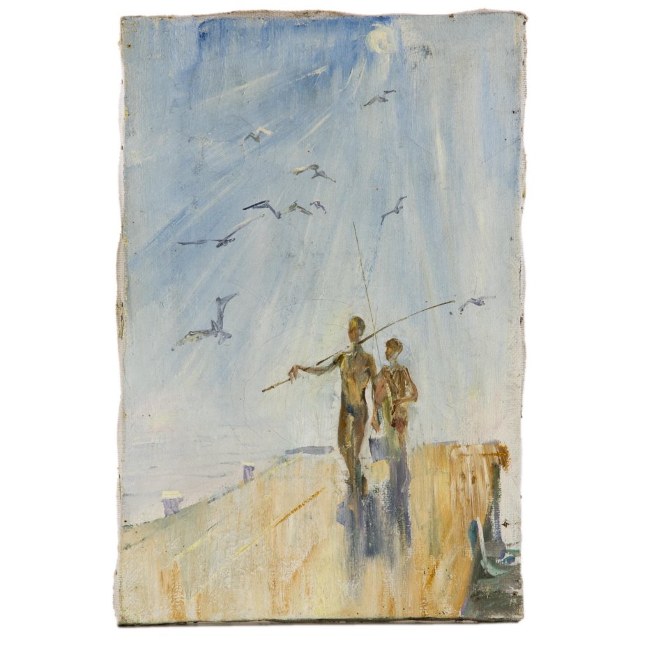 купить Картина "Юные рыбаки", неизвестный художник, холст, масло, деревянный подрамник, СССР, 1970-1990 гг.