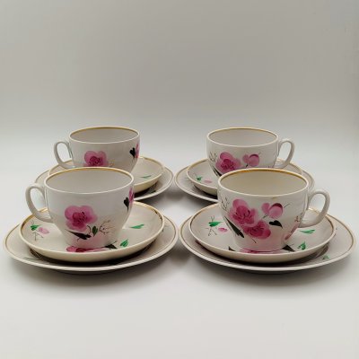 купить Набор чайных трио с цветочным декором на 4 персоны, фарфор, роспись, золочение, Завод «Красный фарфорист» (Чудово, Грузинская фарфорово-фаянсовая фабрика), 1962-1971 гг.