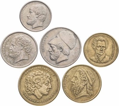 купить Греция, набор 6 монет - 5, 10, 20, 50, 100 драхм 1976-1992 "Выдающиеся личности" Третья Республика