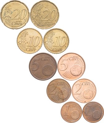 купить Набор из 10 монет разных стран - 1,2, 5, 10, 20 евроцентов 1999-2014