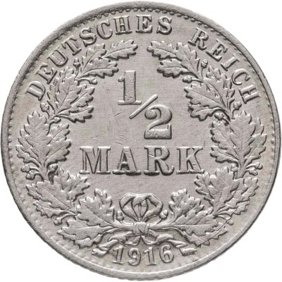 купить Германия 1/2 марки (mark) 1916, знак монетного двора: "A" - Берлин