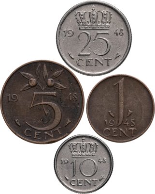 купить Нидерланды полный годовой набор монет для обращения 1948 (4 штуки), Королева Вильгельмина