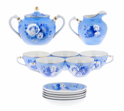 Купить Сервиз чайный на 5 персон, декорированный цветочным узором, фарфор, роспись, золочение, Дулевский фарфоровый завод ("Дулево"), 1952-1964 гг.