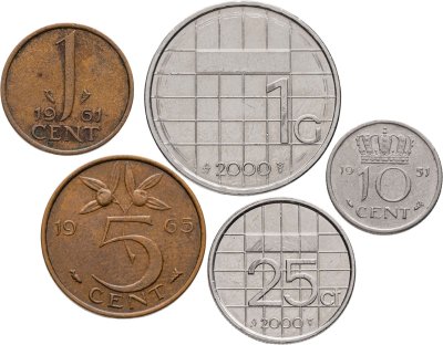 купить Нидерланды набор из 5 монет 1, 5, 10, 25 центов и 1 гульден 1961-2000