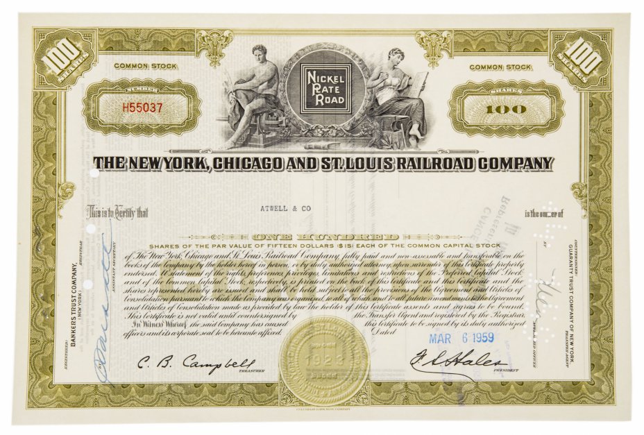 купить Акция США THE NEW YORK, CHICAGO AND ST. LOUIS RAILROAD COMPANY, 1959 г.
