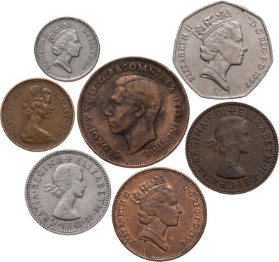 купить Великобритания набор 7 монет 1/2, 1 пенни (penny), 2. 5. 50 пенсов (pence), 1 шиллинг 1945-1997