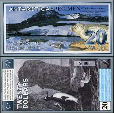купить Антарктида 20 долларов 01.01.2001 [Бумага Pick NL] Specimen "Банкнота выпущена для коллекционеров и не является официальной денежной единицей."