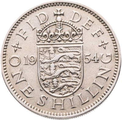 купить Великобритания 1 шиллинг (shilling) 1954 Английский герб - 3 льва внутри коронованного щита