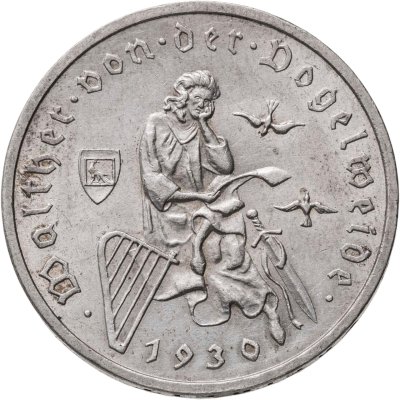 купить Германия 3 рейхсмарки (reichsmark) 1930 "700 лет со дня смерти Вальтера фон дер Фогельвейде", знак монетного двора "A" — Берлин