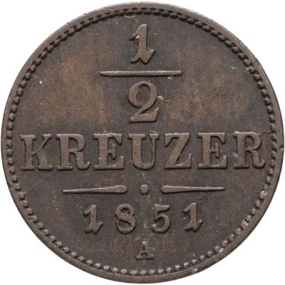 купить Австрия 1/2 крейцера (kreuzer) 1851, знак монетного двора "A" - Вена