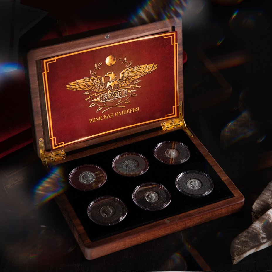 купить Набор "Римская Империя III века" из 5 серебряных монет  193-244 годов н.э. в футляре ручной работы с сертификатом подлинности