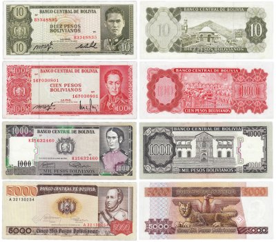 купить Боливия набор из 4 банкнот 10, 100, 1000. 5000 песо боливиано 1962-1984