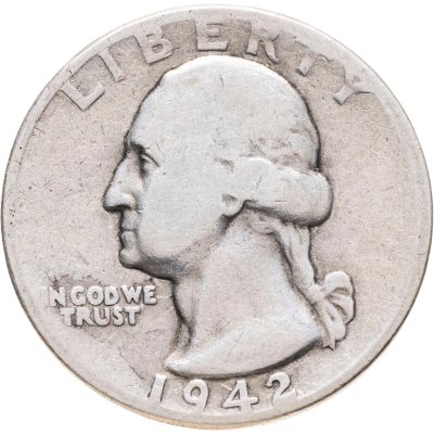 купить США 25 центов (квотер, 1/4 доллара, quarter dollar) 1942 Washington Quarter Без отметки монетного двора