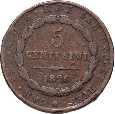 купить Сардиния 5 чентезимо (centesimi) 1826
