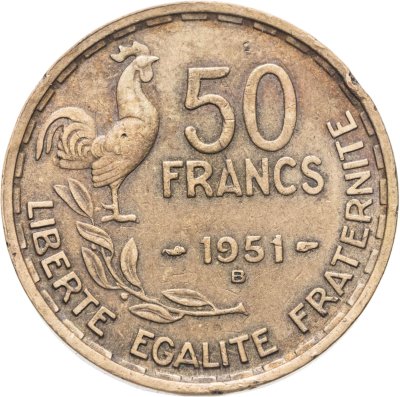 купить Франция 50 франков (francs) 1951 B знак монетного двора: "B" - Бомон-ле-Роже