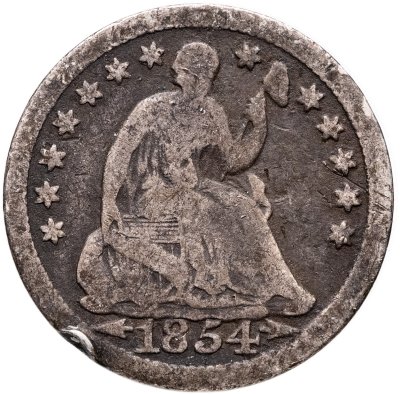 купить США 5 центов (1/2 дайма, half dime) 1854 "Seated Liberty Half Dime" Без отметки монетного двора