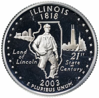 купить США 25 центов (квотер, 1/4 доллара, quarter dollar) 2003 S PROOF "Квотер штата Иллинойс", знак монетного двора: "S" - Сан-Франциско