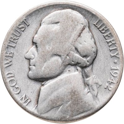 купить США 5 центов (cents) 1942 S Jefferson Nickel (Джефферсон) военного времени, серебро, знак монетного двора "S" - Сан-Франциско
