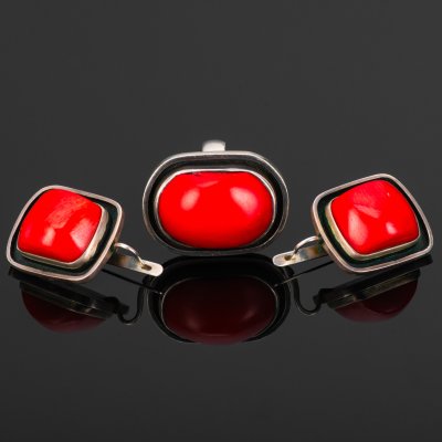 купить Набор женских украшений (серьги, кольцо) лаконичной формы с крупными вставками, металл, кораллоид Бамбу (bamboo), СССР, 1970-1990 гг.