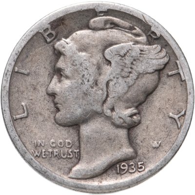 купить США 10 центов (дайм, one dime) 1935 S Mercury Dime знак монетного двора: "S" - Сан-Франциско