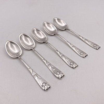 купить Набор из пяти кофейных ложек в стиле ар-деко, металл, серебрение, Fraget (Фабрика серебряных и плакированных изделий Иосифа Фраже), Царство Польское, 1890-1915 гг.