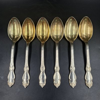 купить Набор из шести десертных ложек "Серебряная роза", мНЦ (медь-никель-цинк), золочение, Кольчугинский завод цветных металлов, СССР, 1970-1990 гг.