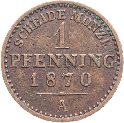 купить Германия, Пруссия 1 пфенниг 1870, знак монетного двора "А" - Берлин