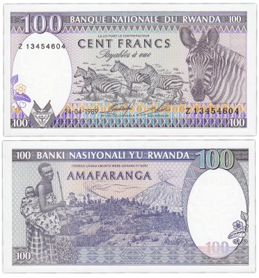 купить Руанда 100 франков 1989 год "Зебра. (хребет вулканов Вирунга) " Pick 19