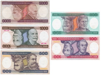 купить Бразилия набор из 5 банкнот 100, 200, 500, 1000, 5000 крузейро 1981-1986