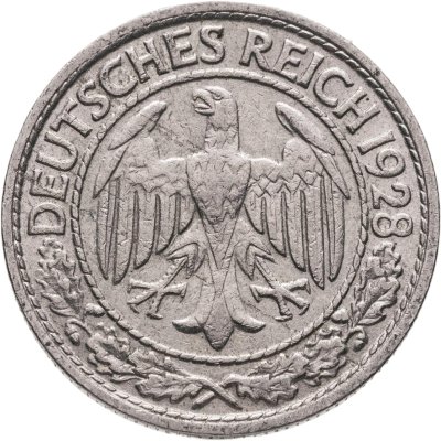 купить Германия 50 рейхспфеннигов (reichspfennig) 1928, знак монетного двора "F" — Штутгарт