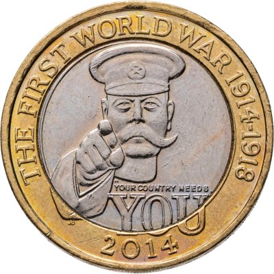 купить Великобритания 2 фунта (pounds) 2014 "100-летие с начала Первой мировой войны плакат Китченера"