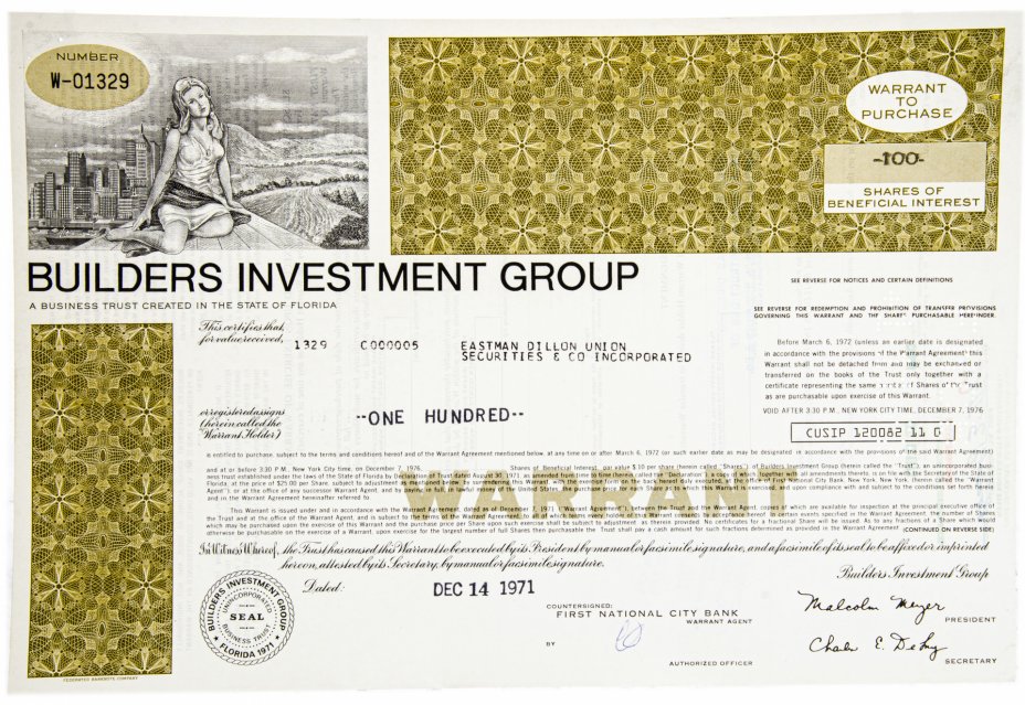 купить Акция США BUILDERS INVESTMENT GROUP, 1971-1975 гг.