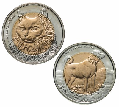 купить Турция набор из двух монет 1 лира 2010 "Фауна Турции" - Кошка и Собака