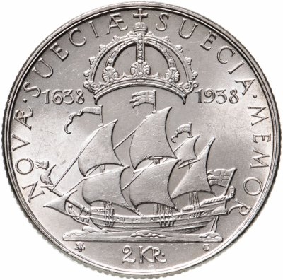 купить Швеция 2 кроны 1938 "300 лет поселению Делавэр"