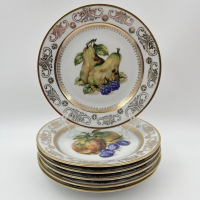 купить Набор десертных тарелок "Фрукты" на 6 персон, фарфор, деколь, золочение, Kahla, ГДР, 1968-1987 гг.