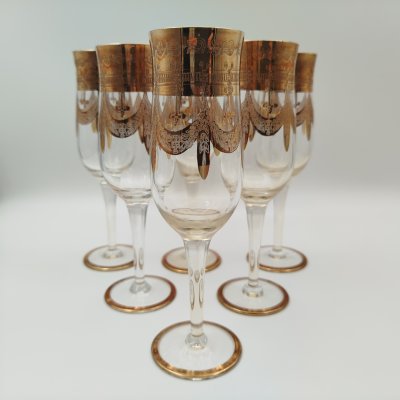 купить Набор бокалов (фужеров) для шампанского (форма флейта) на 6 персон с декором в виде золотых гирлянд, стекло, гравировка, золочение, Европа, 1960-1980 гг.