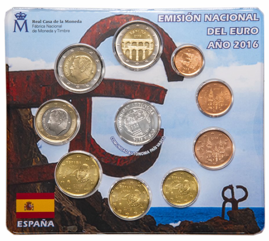 купить Испания 2016 официальный набор евро из 9 монет и жетона в буклете "Регион Страна Басков"