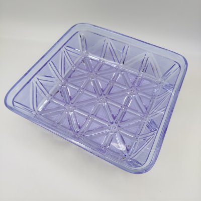 купить Фруктовница квадратной формы из сервиза "Весенний" в сиренево-голубом оттенке, автор Л.Д. Смирнова, стекло, неодимовое (александритовое), прессование, алмазная грань, Ленинградский завод художественного стекла (ЛЗХС), СССР, 1970-1980 гг.