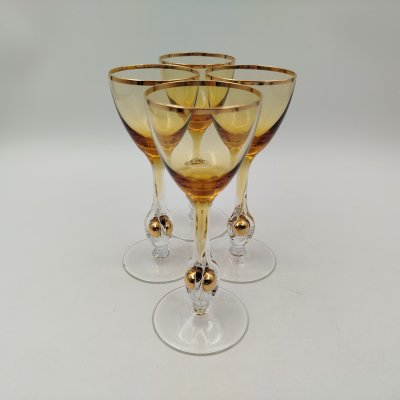 купить Набор рюмок "Susanna" на 4 персоны, для крепленых вин и коньяка, украшенные золотыми шариками в основании, стекло, золочение, Jozef Stanik, Чехословакия, 1950-1960 гг.