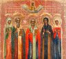 Купить Икона "Избранные святые перед Иисусом Христом: Святая мученица Александра, святой священномученик Василий , святой Николай Чудотворец, святая преподобная Пелагия и святая мученица Вера", дерево, левкас, темпера, золочение, цировка, Российская империя, 1890-1915 гг.