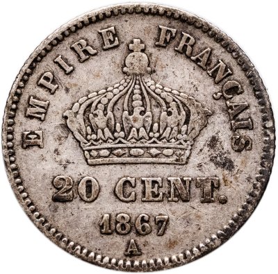 купить Франция 20 сантимов (centimes) 1867, знак монетного двора: "A" - Париж
