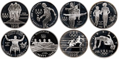 купить США набор из 8 монет 1 доллар 1995 "XXVI летние Олимпийские игры в Атланте" в футляре, с сертификатом