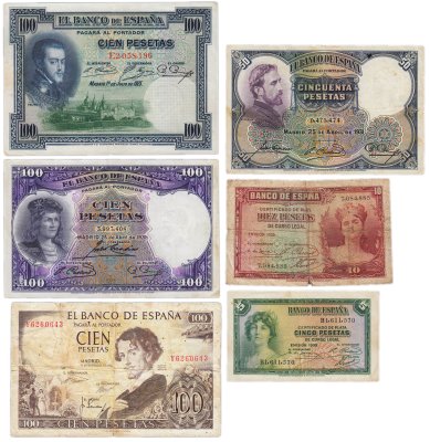 купить Большой набор Испания 5, 10, 50 и 100 песет 1925, 1931, 1935, 1965 гг. (6 бон)