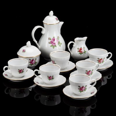 купить Сервиз кофейный "Роза" на 6 персон (15 предметов), фарфор, деколь, золочение, Kahla, ГДР, 1960-1990 гг.