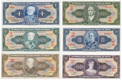 купить Бразилия набор из 6 банкнот 1, 2, 5, 10, 20, 50 крузейро 1944 - 1967