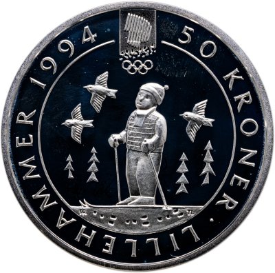 купить Норвегия 50 крон (kroner) 1991 XVII Зимние олимпийские игры, Лиллехаммер 1994 - Ребёнок на лыжах